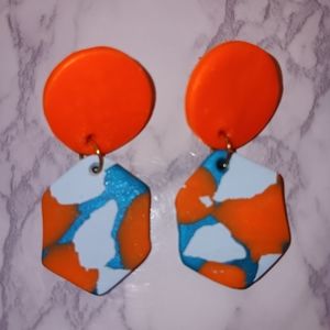 Earrings Dangle Orange Blue Denver Broncos Football Pierced Polymer Double Hexag
